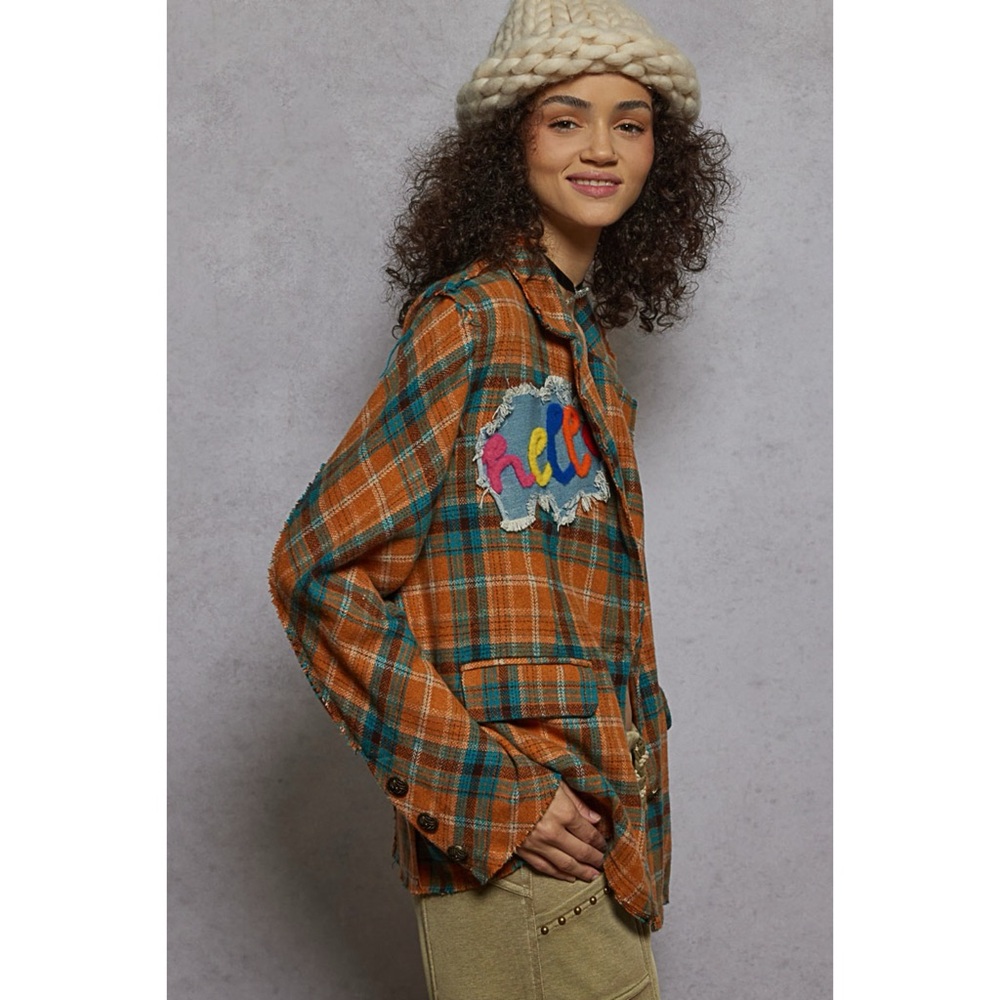 POL Orange Plaid Blazer | Brushed Flannel Patchwork Jacket - Picture 2 of 4
